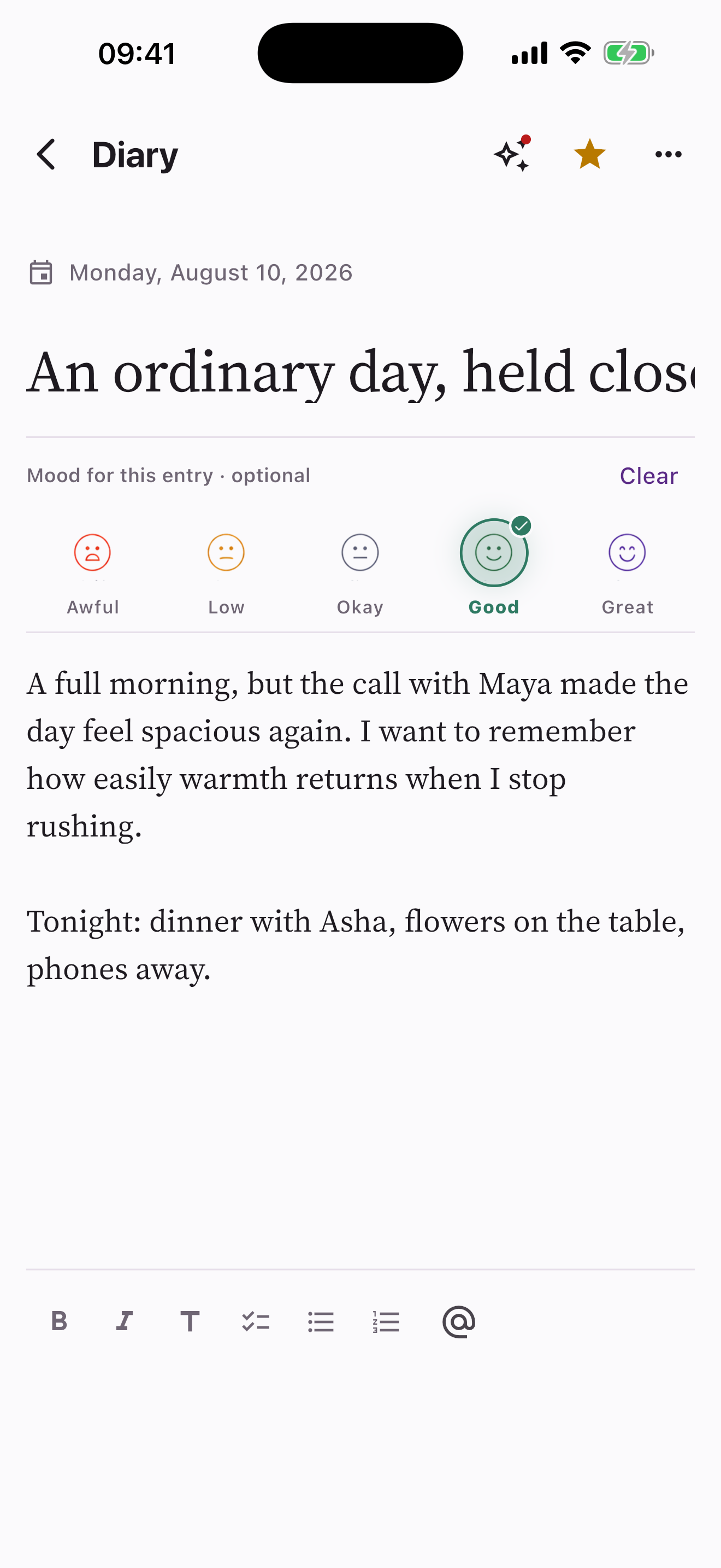A private Diary entry in Arju on iPhone