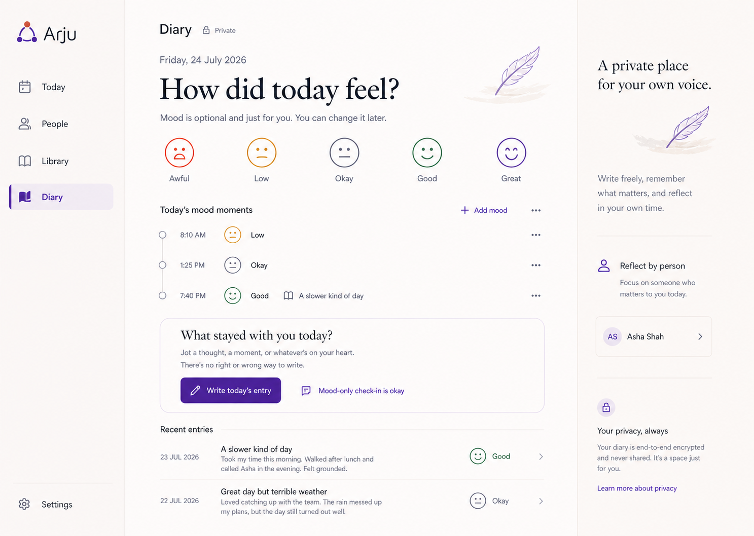 Arju Diary with a daily mood, recent entries and a private writing invitation