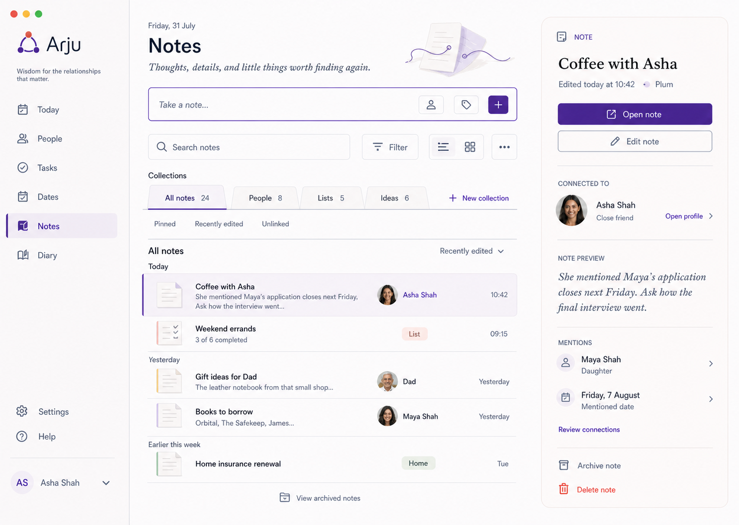 Arju Notes view with people-linked notes, labels and collections