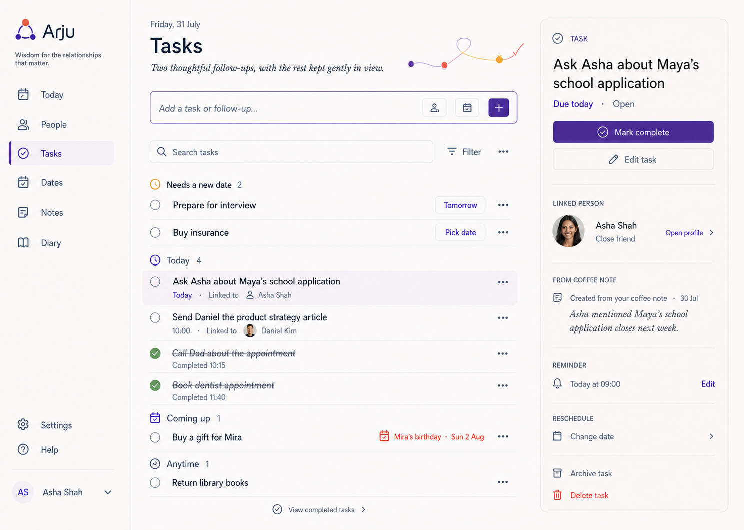 Arju tasks view showing personal work and person-linked follow-ups